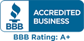 A bbb accredited business seal with the words " bbb rating : a " and " bbb."